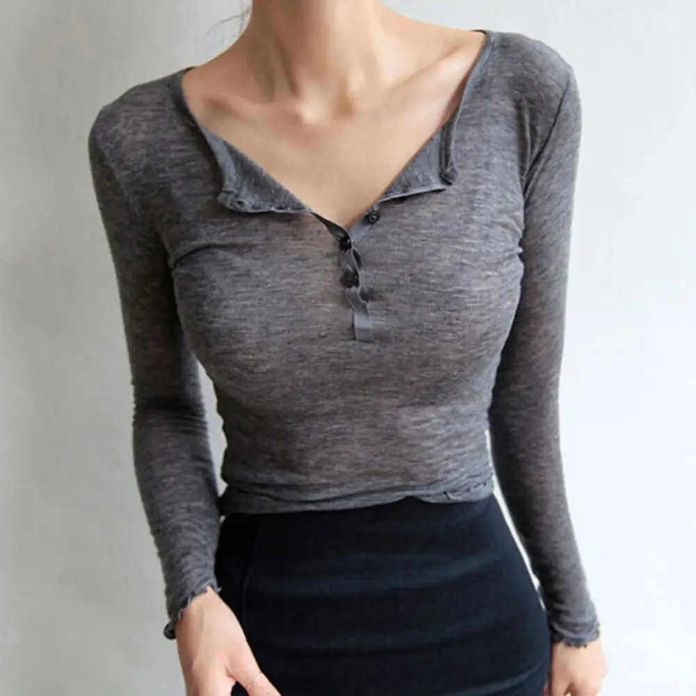 Fashion Women oFFICE Casual Solid Color Long Sleeve Button V Neck Slim Cotton Blouse Shirt | Женская одежда