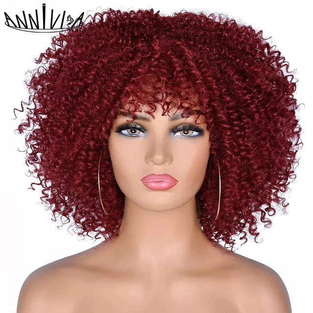 Short Hair Afro Kinky Curly Wigs With Bangs African Synthetic Ombre Glueless Cosplay Wigs For Black Women High Temperature BUG