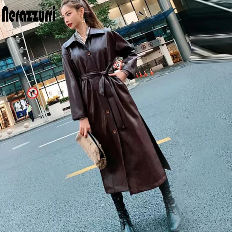 Trench-Coat Belt-Button Nerazzurri Faux-Leather Plus-Size Women Long-Sleeve Autumn Fashion