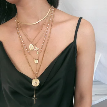 

Personality Virgin Mary Cross Multilayer Necklace Hip hop Long Chain Pendant Necklace Choker Necklace for Women Jewelry Party