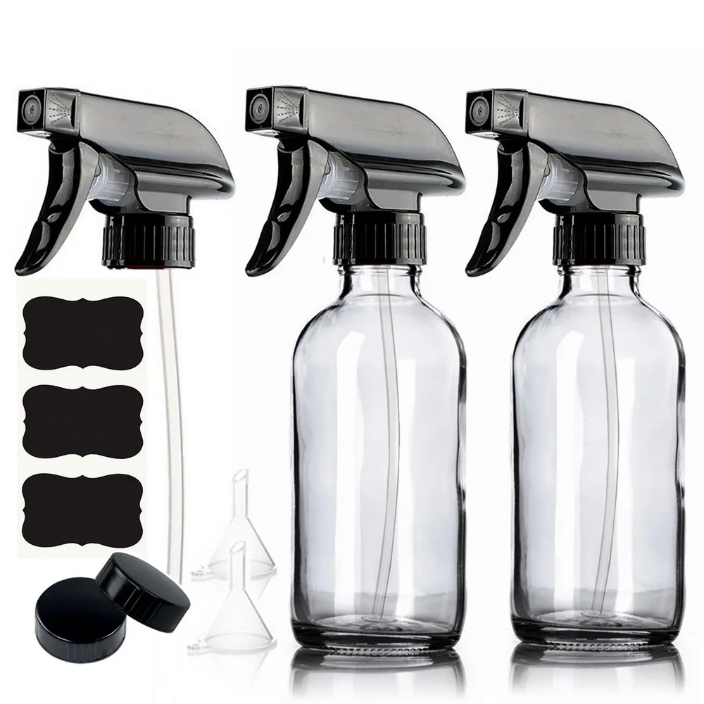

2pcs 250ml Large Clear Glass Spray Bottle with Trigger Mist Stream Sprayer Storage Cap Chalkboard Labels for Essential Oils Hair
