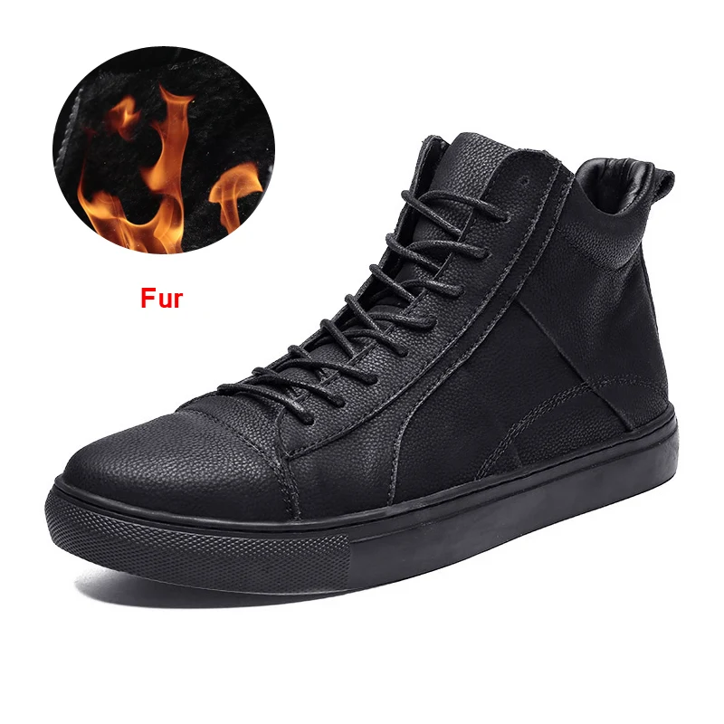 RHINE Brand Men Quality Lightweight Lace-Up Comfortable Motorcycle Boots PU Leather Soft Boots Wear-Resisting Bottom Men Shoes - Цвет: Black Fur