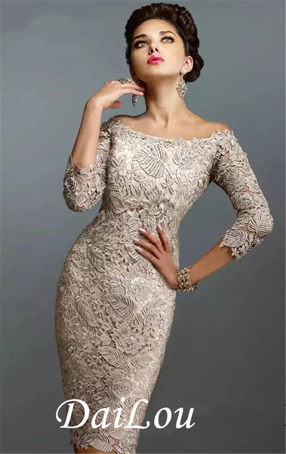 Sheath / Column Elegant Holiday Cocktail Party Dress Off Shoulder 3/4 Length Sleeve Knee Length Lace with Lace