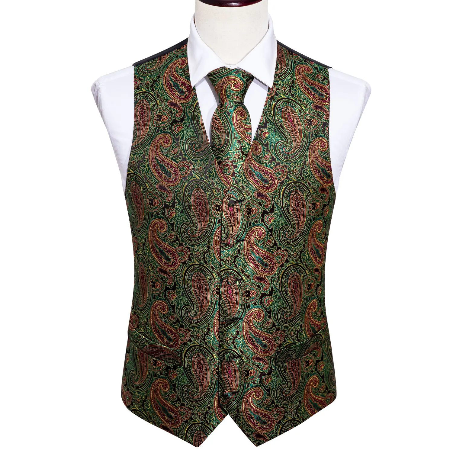 4PC Mens Silk Vest Party Wedding Green Paisley Solid Floral Waistcoat Vest Pocket Square Tie Slim Suit Set Barry.Wang BM-2015