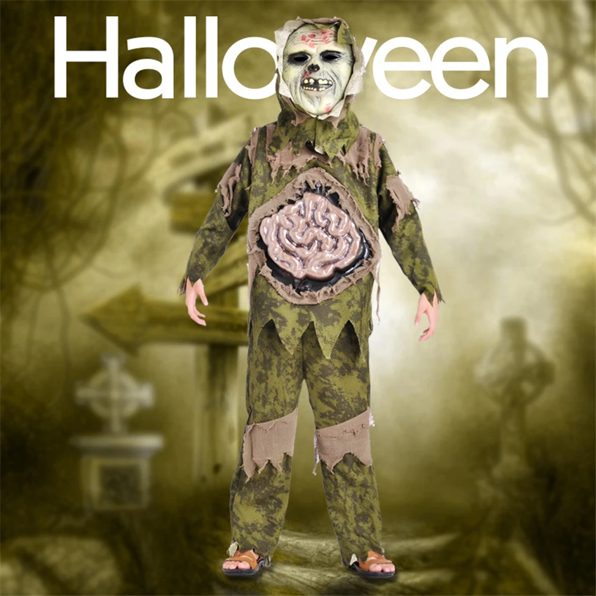 Achat Enfants Halloween Costumes effrayant Zombie marais monstre Cosplay Costume enfants fête carnaval vert dégueulasse vêtements chapeaux