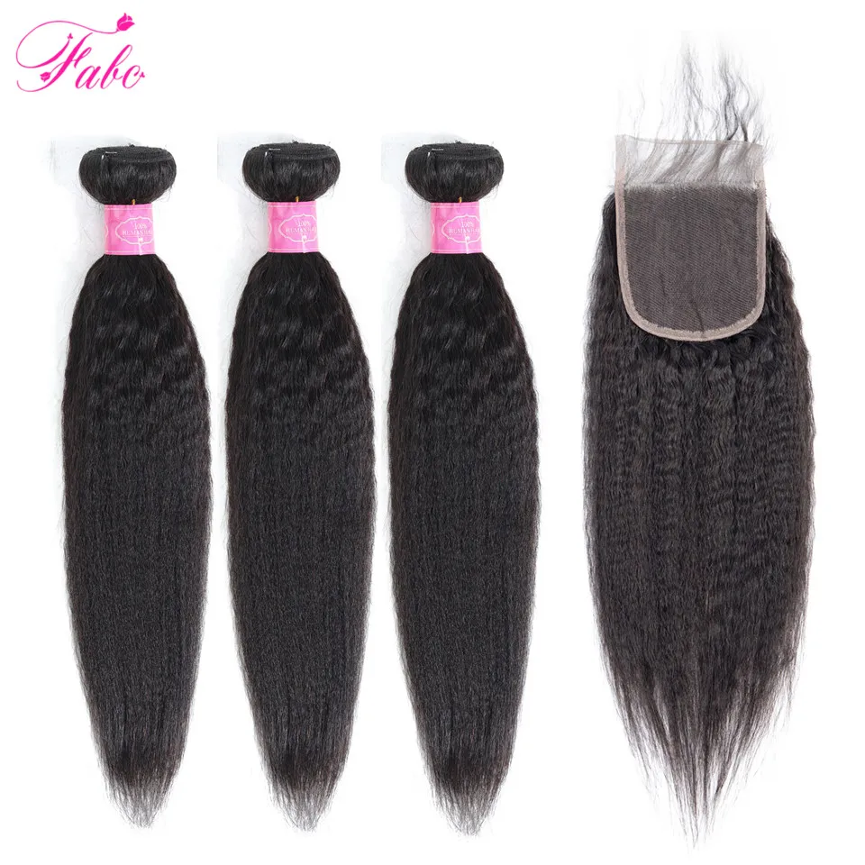 FABC Hair Kinky Straight 3 Bundles With Closure 100% Human Weave Natural Color Brazilian Non Remy | Шиньоны и парики