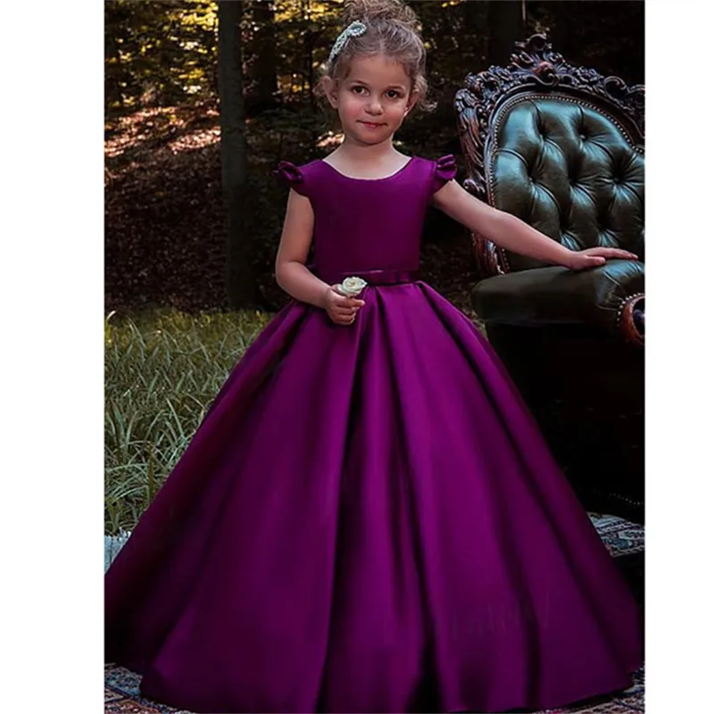 82 Purple Flower Girl Dress for Wedding Girls First Communion Dress Satin Ball Gowns with Beading Sash Elegant Dresses
