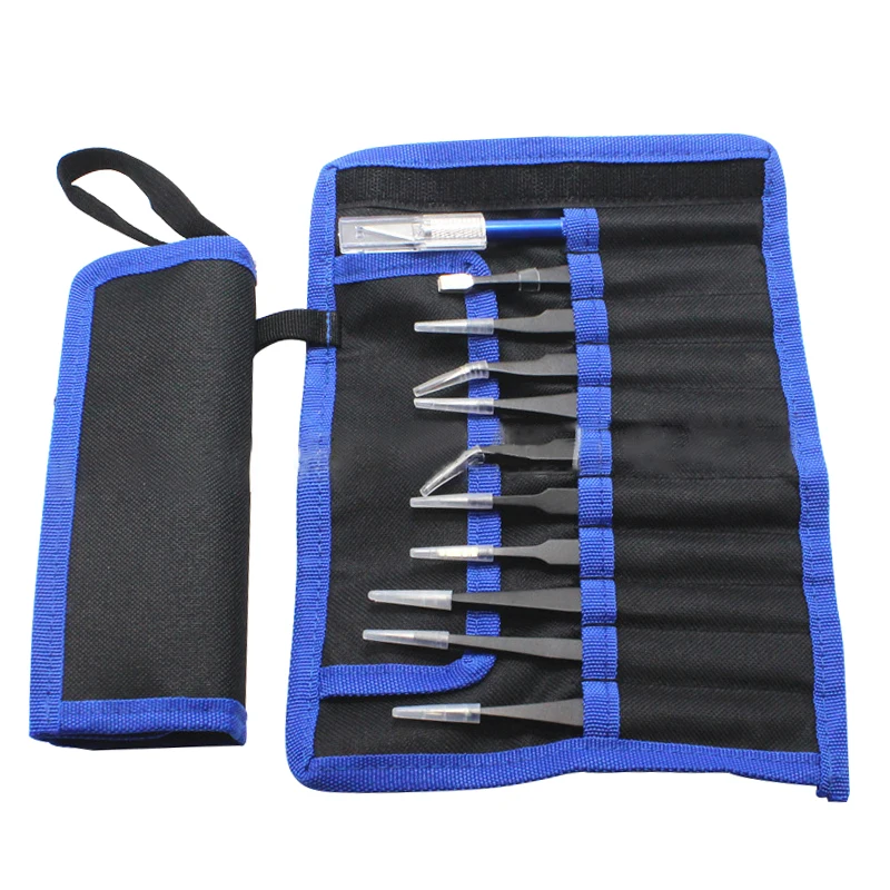 

10PCS Pro Coated ESD Non-Magnetic Anti-Static Precision Steel Tweezers Set +Graver For SMD Chip Electronic Repairing Hand Tool