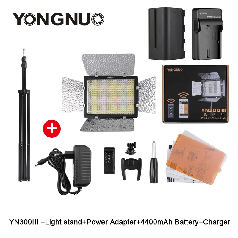 YongNuo YN300 III YN300III 3200k-5500K CRI95 Camera Photo LED Video Light Optional with AC Power Adapter NP750 Battery Stand KIT rgb adjustable led camera video light 3200 5500k 2668lm 2 4g wireless remote with charger kit photography light studio lighting