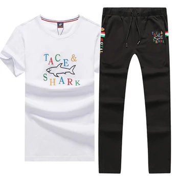 

two piece sets men's kits tracksuits husband Tace & Shark brand men's cotton t-shirts pants sports suits sweatpants jersey set