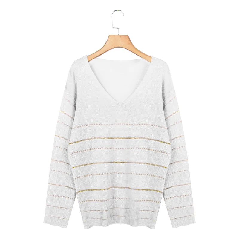 Вязаный свитер с цветными блоками в полоску, женский модный пуловер с длинным рукавом, пуловер с вырезом в виде буквы V, объемные пушистые свитера, пуловеры - Цвет: Белый