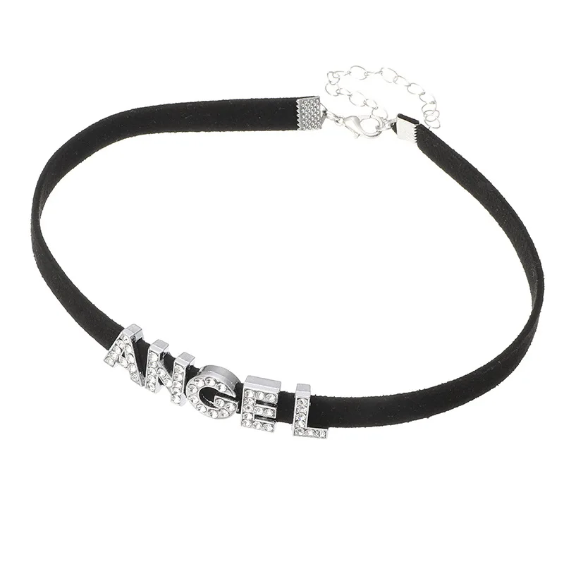 

New Black Gothic ANGEL Letter Crystals Short Choker Necklace for Girls Women Punk Retro Collar Party Jewelry Neck Accessories
