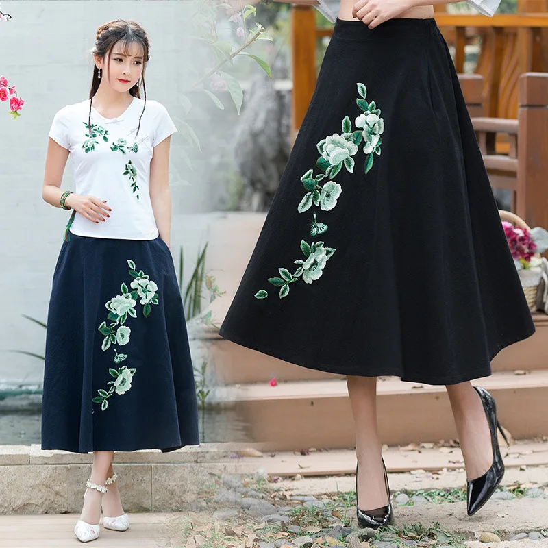 

2018 Spring And Summer New Style Ethnic-Style Cotton Linen Embroidery Big Skirt Skirt Sc9972