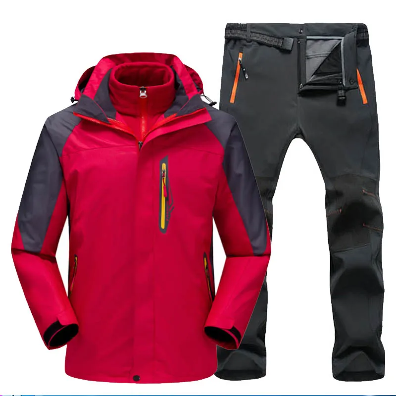 red gray TRVLWEGO водонепроницаемый лыжный костюм Мужская куртка лыжные брюки для прогулок мужские зимние уличные лыжные зимние сноуборд флисовая куртка брюки наборы - Цвет: red gray