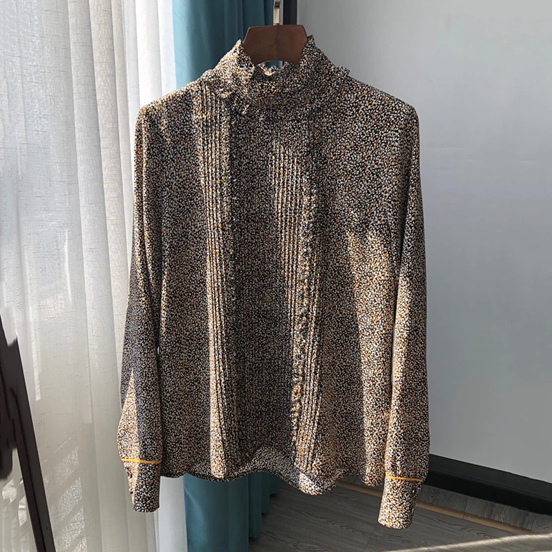 

VERDEJULIAY French Style Runway Design Wheat Ears Print Blouse Women 2020 Spring Fashion Luxury Ruffles Vintage Pleated Shirt