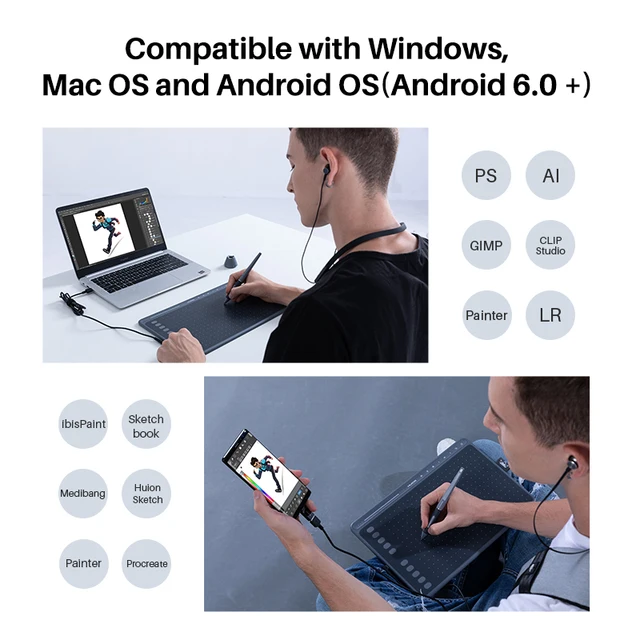 HUION HS611 Graphic Digital Drawing Tablet 266PPS Graphics Pen Tablet Multimedia Keys Three Colors For PC Android 5