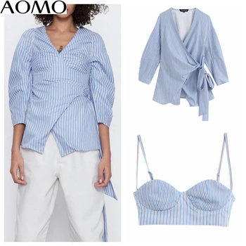 

AOMO 2020 new women striped cross shirts 2 piece set v-neck casual ladies blouses BE404A