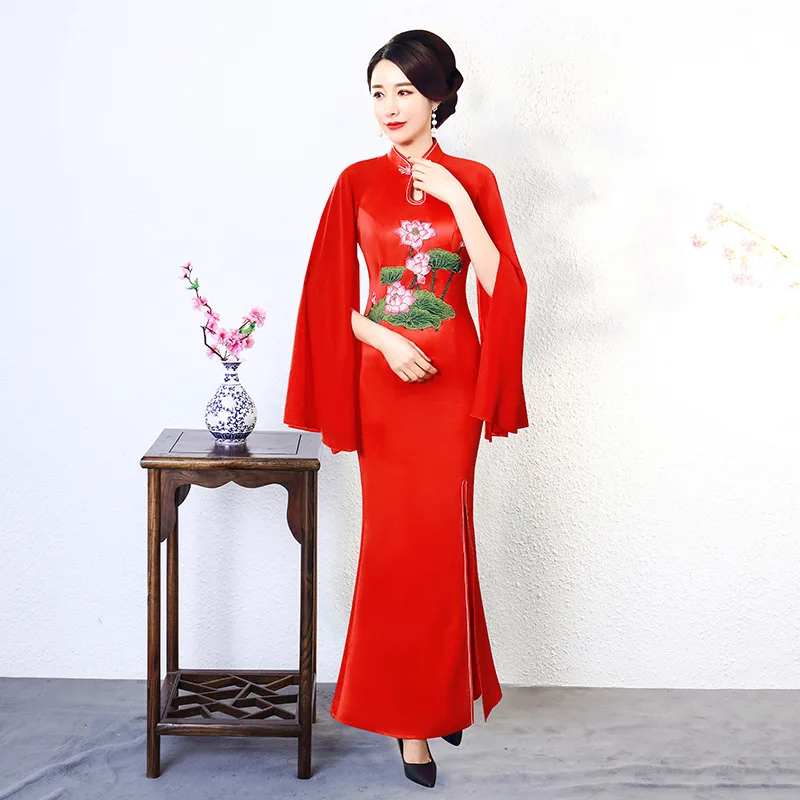Китайский традиционный Чонсам летающий рукав вышитые длинные Cheongsam шоу костюм Ципао платье Vestido Плюс размер S-5XL - Цвет: red style2
