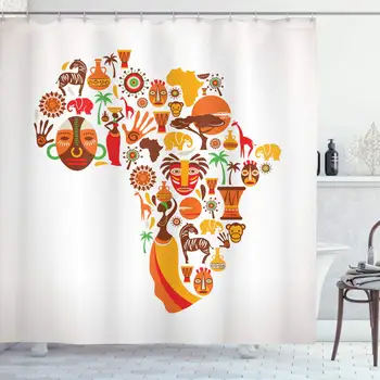 

African Shower Curtain Map Different Famous Masks and Savannah Style Artwork Cloth Fabric Bathroom Decor Set with Hooks 75" Long