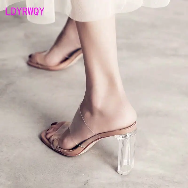 2021 new summer transparent women's mid-heel thick-heel crystal high-heeled slippers