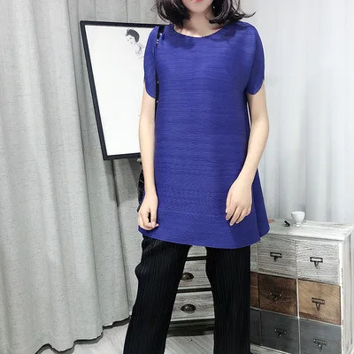 royalblue LANMREM Весна Лето Новые плиссированные топы для женщин Свободные универсальные с коротким рукавом модные складные женские футболки с круглым вырезом YH684 - Цвет: royalblue