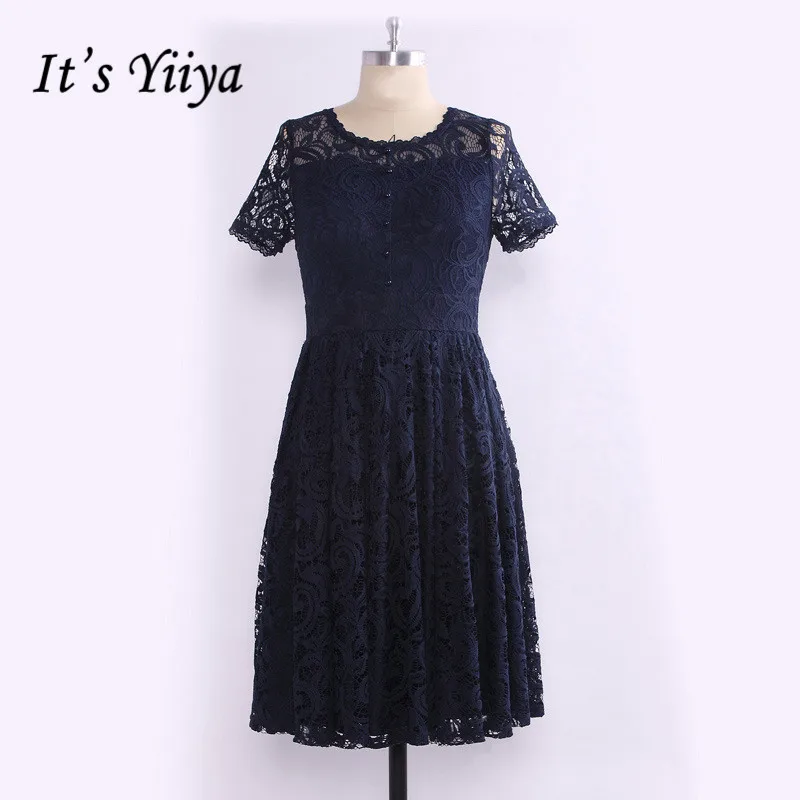 Это Yiiya Выпускные платья с круглым вырезом Иллюзия размера плюс кружева Vestidos De Gala C464 Короткие рукава длиной до колена платья для выпускного вечера