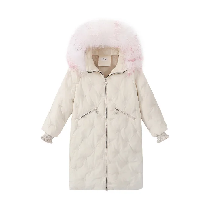 

Photo Shoot New Style Embroidered Snowflake down Jacket Women's Mid-length Korean-style Thickening Large Fur Collar Cotton-padde