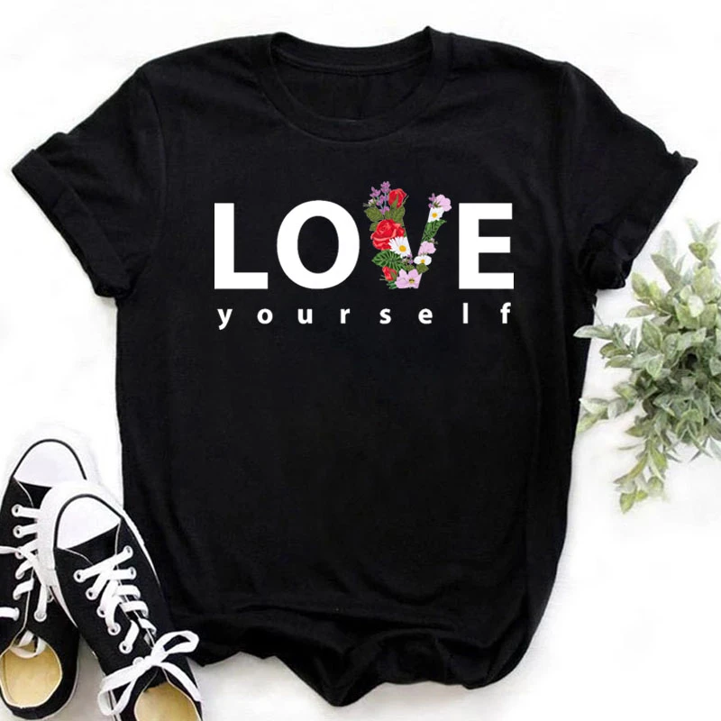 Love Yourself Flower Printed T Shirt Women Fashion Black T Shirt Causal Tops Harajuku Cute Graphic Loose Round Neck Tee Tops 1