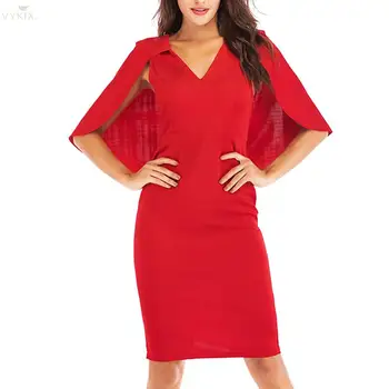 

Elegant Dress Patchwork Cloak V-neck Business Work Womens Dresses Pencil Solid Color Slim Split Party Dresses Lady Office Dress