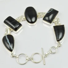 Черные ботсванские Агаты браслет серебряная накладка над медью, 21 см, B2085