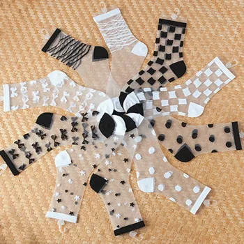 

10Pairs/Lot New Spring and Autumn Women Lattice&Stripe Socks Fashion Lace Ruffle Crystal Silk Ankle Sock Thin Transparent Socks