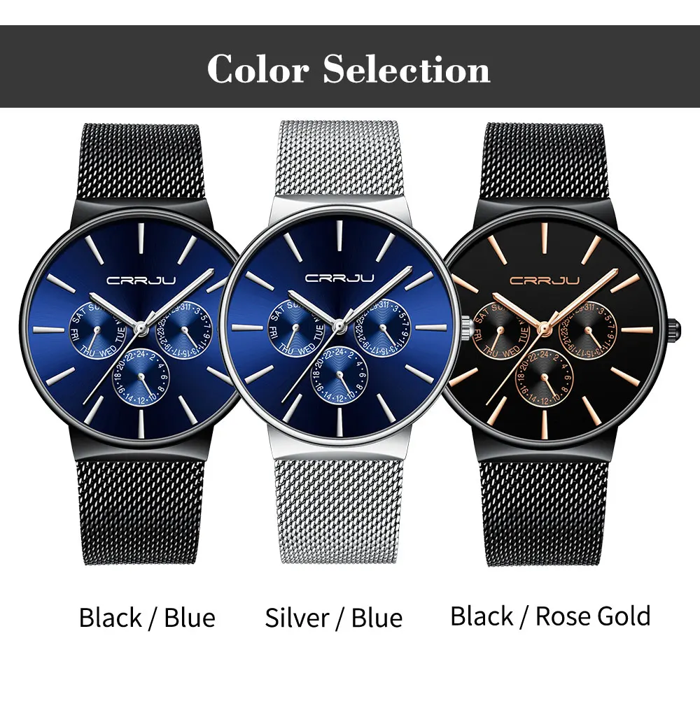 CRRJU, роскошные брендовые новые мужские Модные Цветные повседневные нарядные тонкие кварцевые часы с датой, бизнес стильные синие часы