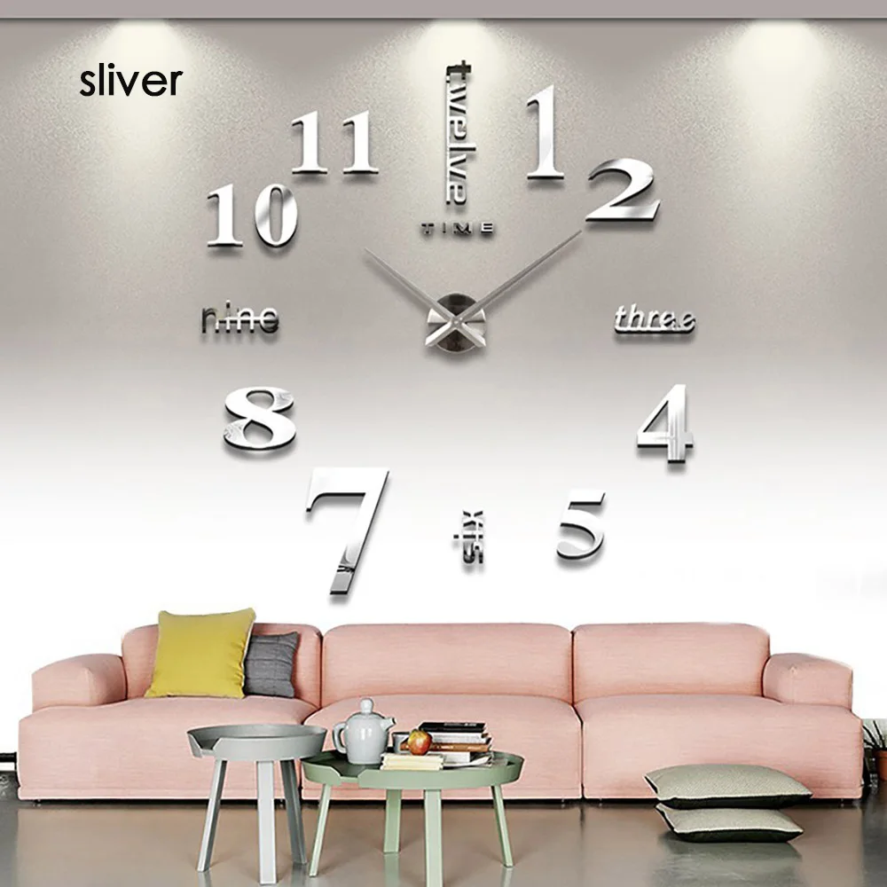 B sliver 3d светящиеся настоящие большие настенные часы бросились зеркальные настенные стикеры Diy гостиная домашний декор модные часы кварцевые большие настенные часы - Цвет: B sliver