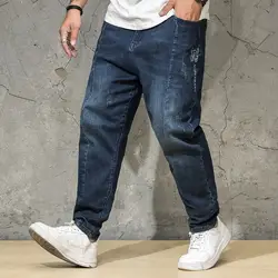 Плюс размер вес 100 кг мужские повседневные джинсы Хлопок Смешанный стрейч ткань плиссированные выдолбленные уличные Obese мужские