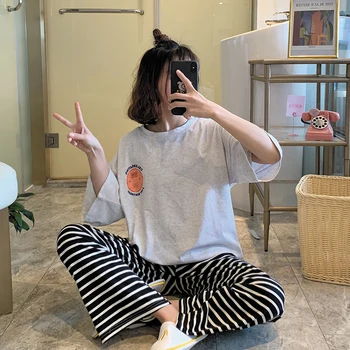 

INS Pajamas Female Summer Tracksuit Cotton Loose Short Sleeve Letter Print T-shirt + Striped Trousers Leisure Sets Homewear