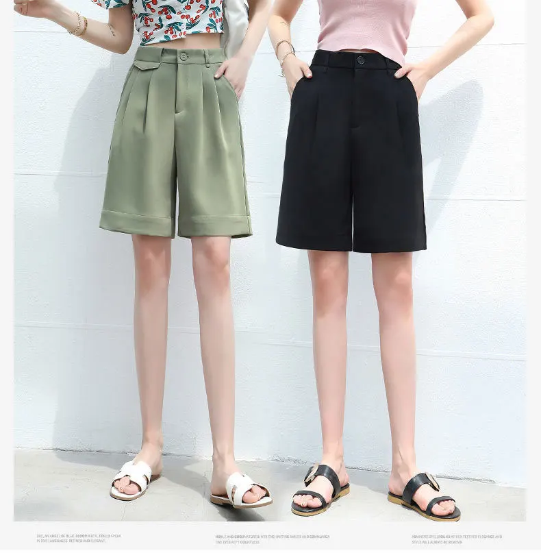 black shorts Black five-point suit shorts female large size 2021 summer new fashion high waist loose straight wide leg casual overalls shorts workout clothes for women