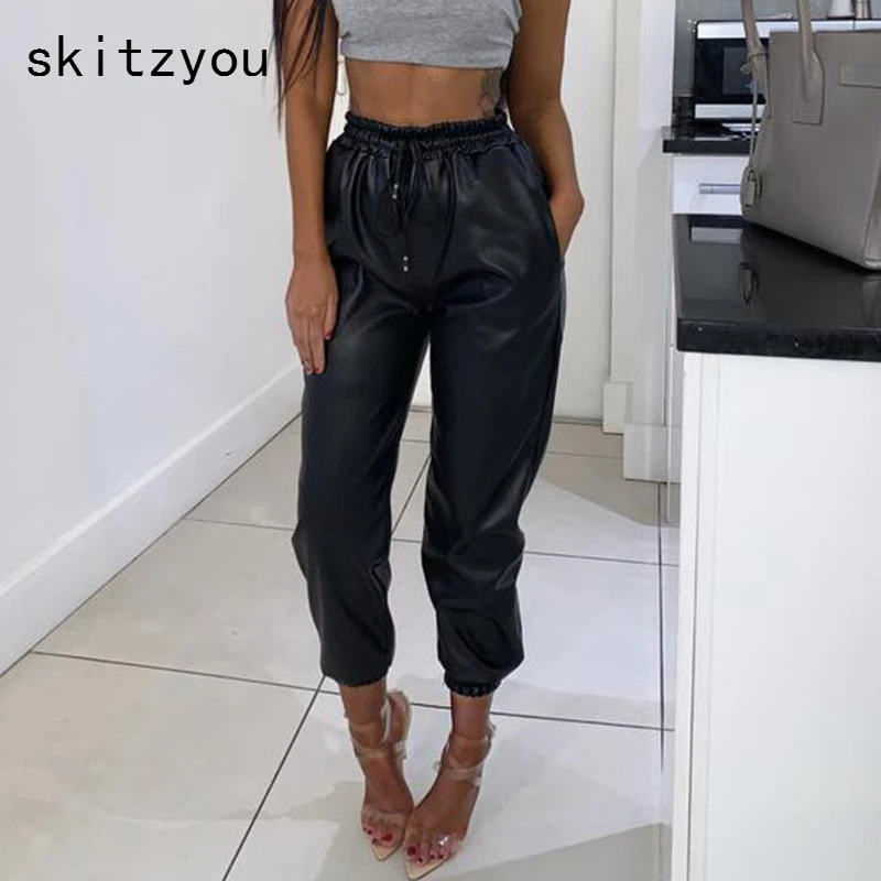 Skitzyou женские осенние брюки из искусственной кожи с высокой талией уличная