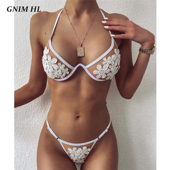 

GNIM Sexy Lace Swimsuit Bikini Mujer 2020 Summer Bandage Swimwear Women Two Pieces Solid Flower Swim Bathing Suit Biquini Set