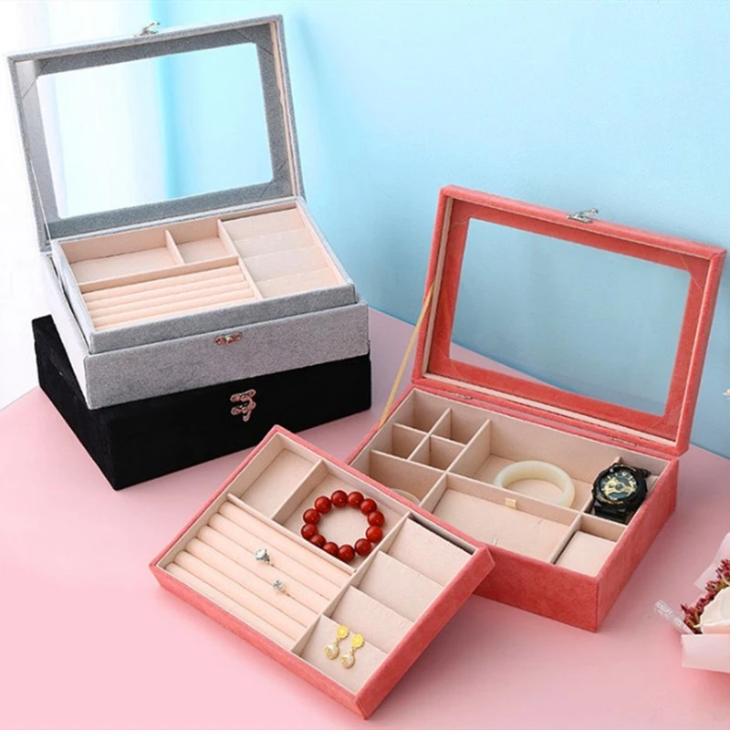 

Hot Sales Portable Velvet Carrying Case with Glass Jewelry Ring Display Tray Holder Storage Box Organizer Earrings Necklaces