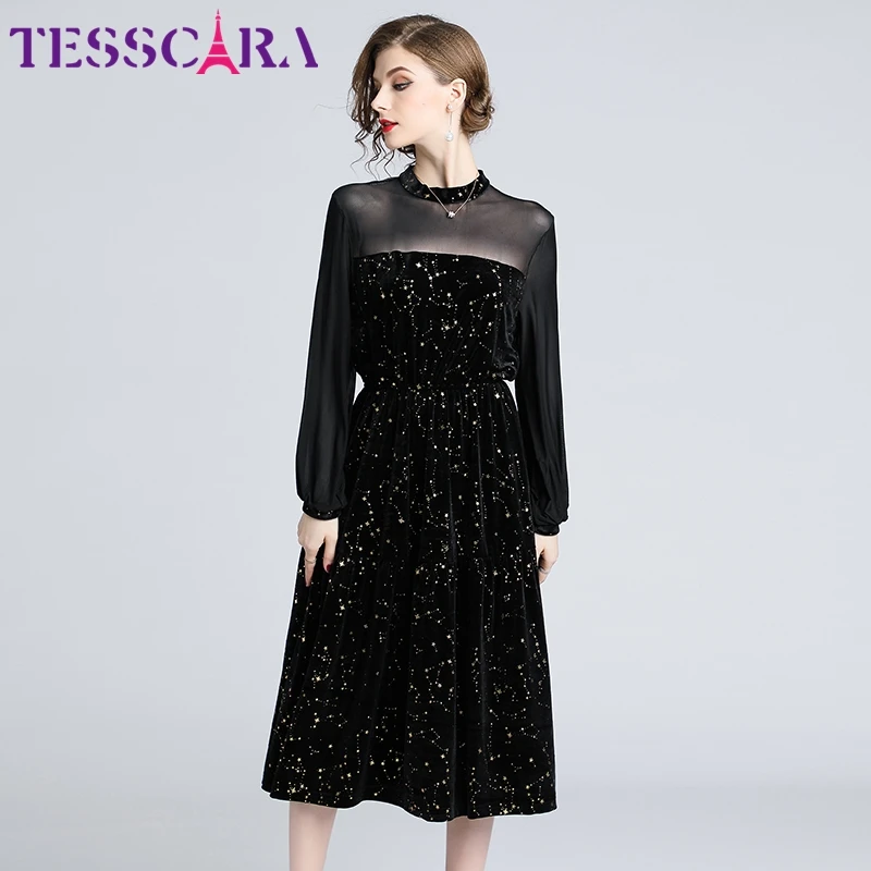 TESSCARA, женское осеннее элегантное бархатное платье, женские сетчатые дизайнерские Коктейльные Вечерние платья, высокое качество, платья в стиле знаменитостей