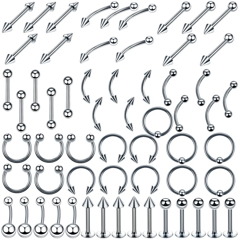 Piercing Jewelry 8/60PCS Stainless Steel Tongue Belly Piercing Lot Nose Eyebrow Piercing Bulk Nipple Labret Tragus Kit Captive Bead Ring