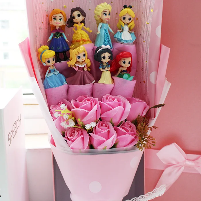 8 шт. прекрасный принцесса игрушки мультфильм букет Подарочная коробка с искусственными цветами Творческий Выпускной/День рождения/Валентина подарки