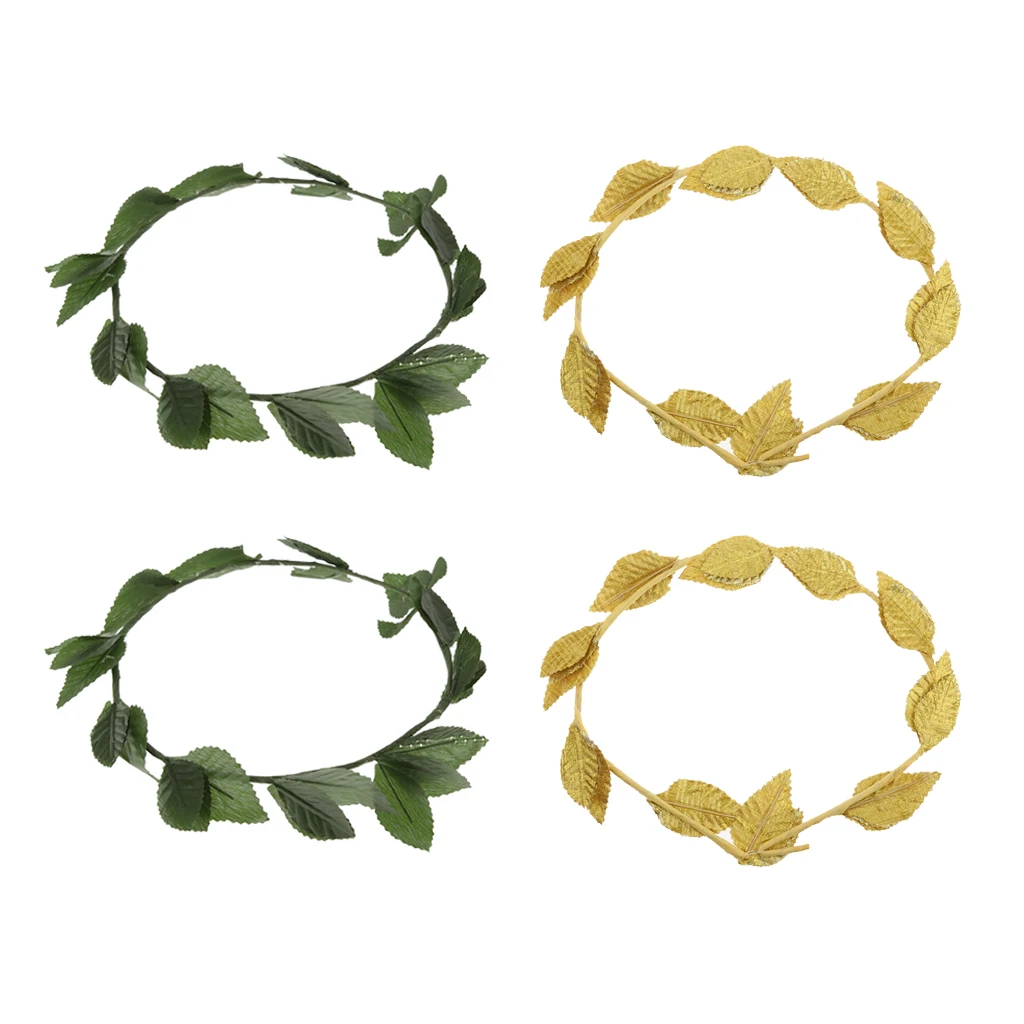 Pack of 4 Pieces Plastic Green Fabric Gold Leaf Hairband, Greek Goddess Laurel Wreath, Fancy Dress Headband