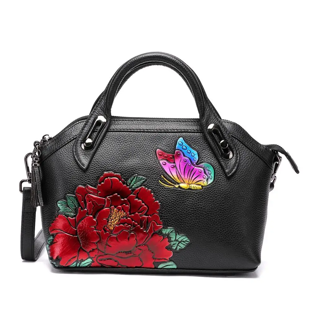 Женские сумки из натуральной кожи, роскошные женские сумки, дизайнерские сумки из коровьей кожи, сумка из натуральной кожи с цветочным рисунком, сумка на плечо - Цвет: red floral bag