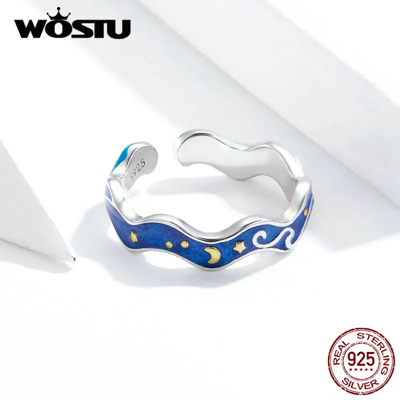 WOSTU Горячая Мода Настоящее 925 пробы Серебряное Звездное небесно-голубое кольцо для женщин обручальное регулируемое кольцо ювелирные изделия BKR608