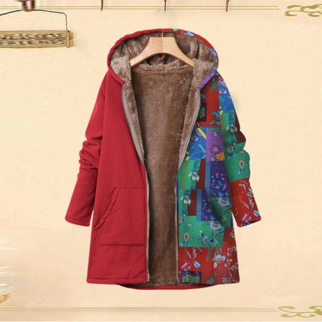 Female Jacket Plush Coat Womens Windbreaker Winter Warm Outwear Print Hooded Pockets Vintage Oversize Coats Plus Size L-5XL
