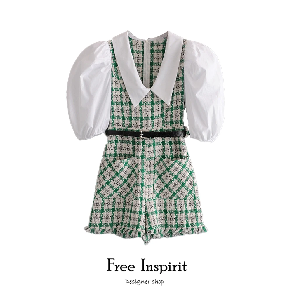 

2020 Free Inspirit New Arrival Female Jumpsuits Vintage Sashes Plaid Women's Puff Sleeve Playsuits