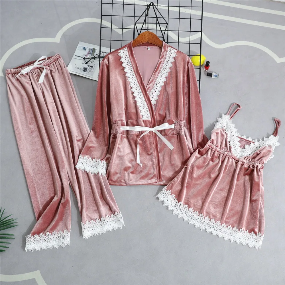 Бургундия Весна велюровые пижамы наборы женские 3 шт ремень Топ брючный костюм повседневная домашняя ночная рубашка сексуальный халат