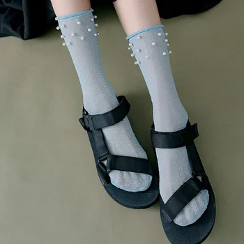 

2020 Summer Fashion Women Net Socks Pearl Decoration Solid Ankle Short Socks For Female Soft Breathable Hipster Sox Trendy
