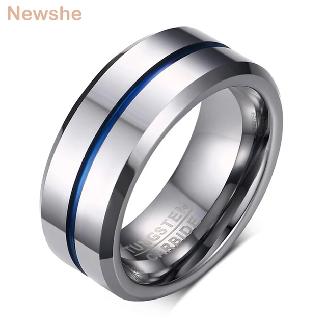 Newshe Men's Wedding Band Tungsten Rings Groove Ring Carbide Blue Line 8mm Size 7-13 Fashionable Jewelry Valentines Gift 1